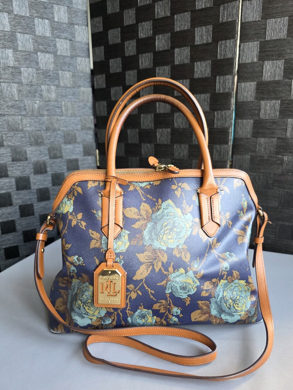 Lauren Ralph Lauren Blue Rose Floral Satchel Crossbody Bag Leather Trim LRL
